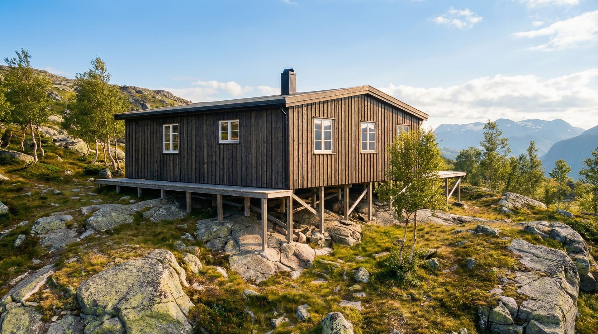 Baksiden av hytte transformert til sommer
