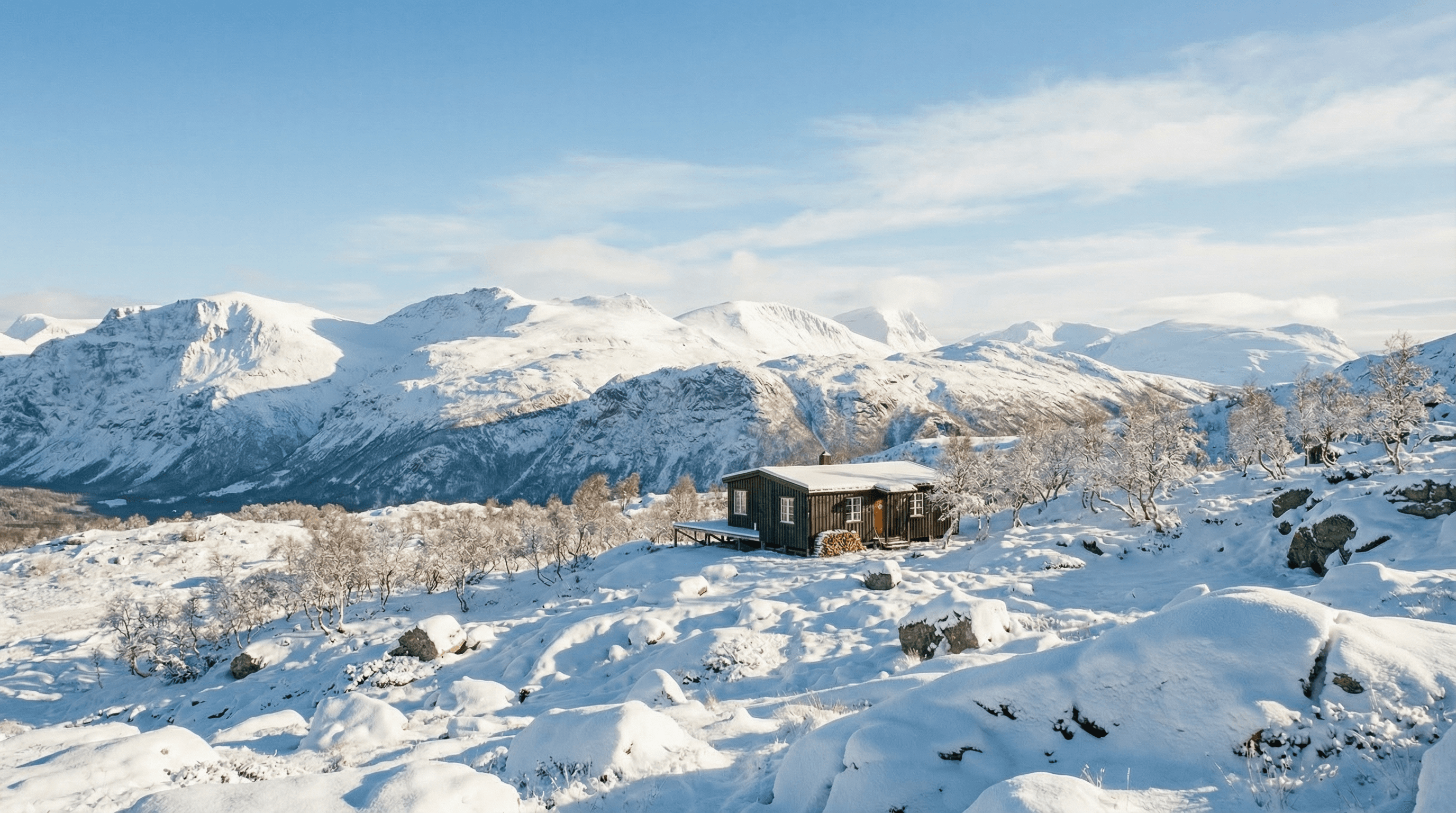 Hytte transformert til vinter, oversiktsperspektiv